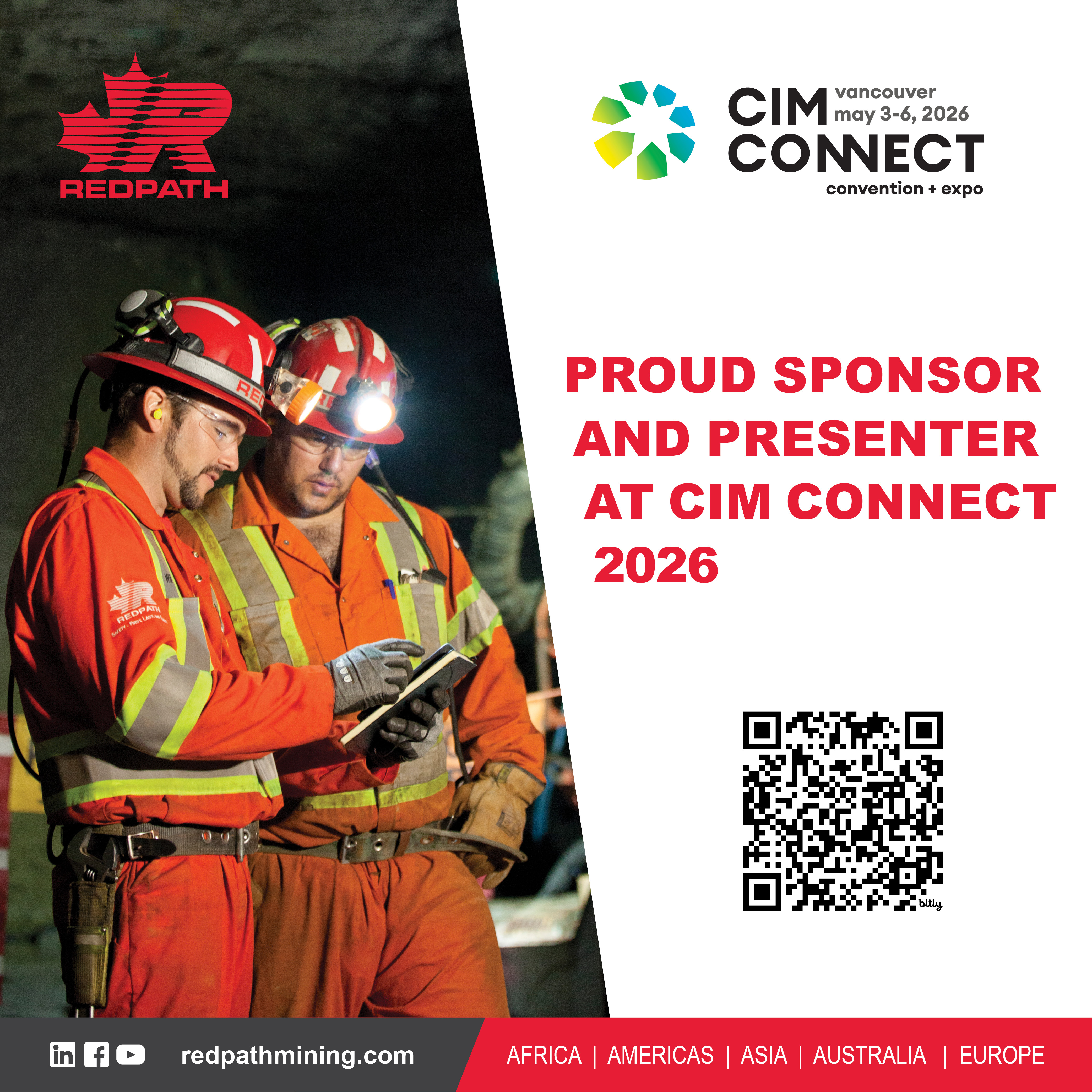 Two men in full PPE underground reviewing a document with equipment in the background and text on the side saying REDPATH IS A PROUD SPONSOR AND PRESENTER AT CIM CONNECT 2026 with Redpath logo and CIM Connect logo included as well.